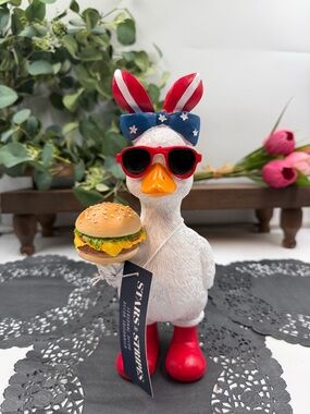 Patriotic Duck Figurine Burger Sunglasses Stars Stripes Decor